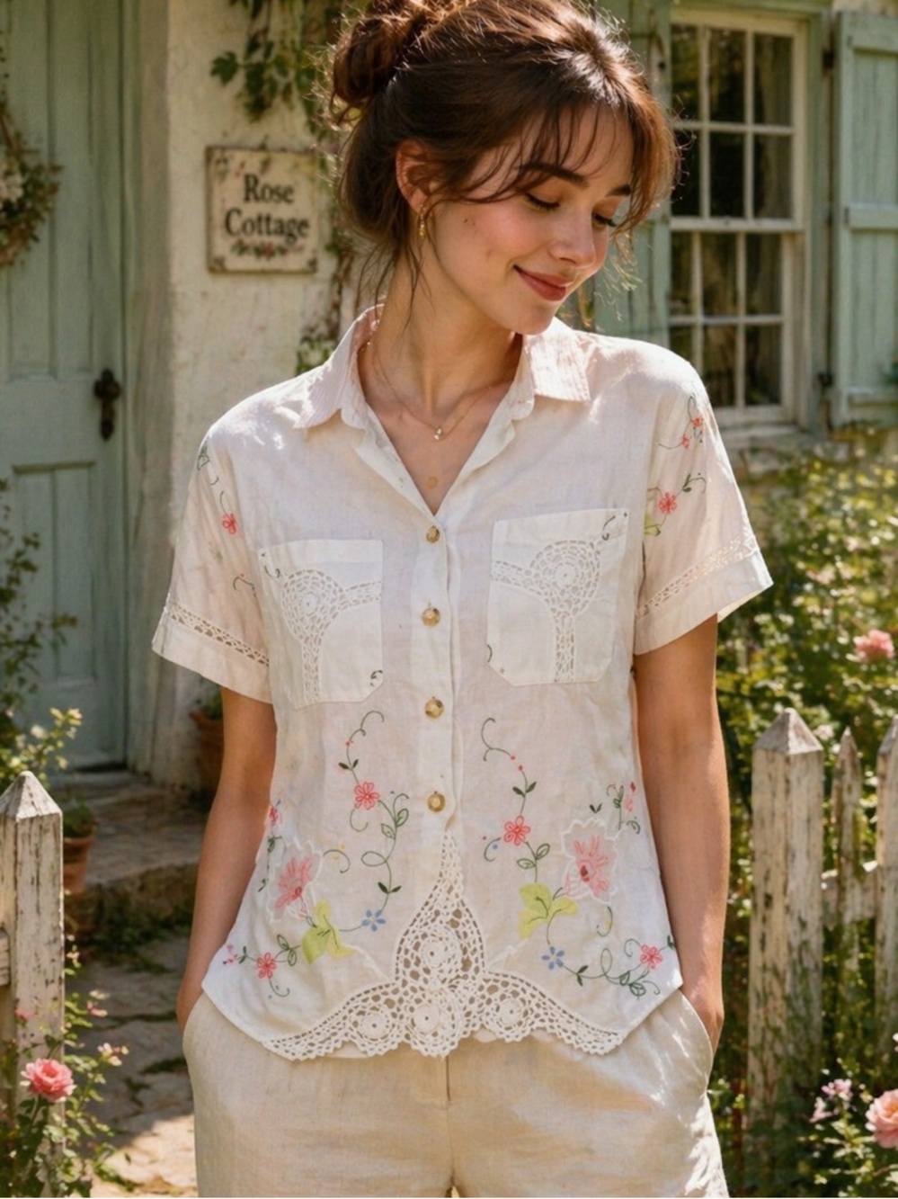 VTG Embroidered Floral Women's Button Down Shirt White Lace granny cottage